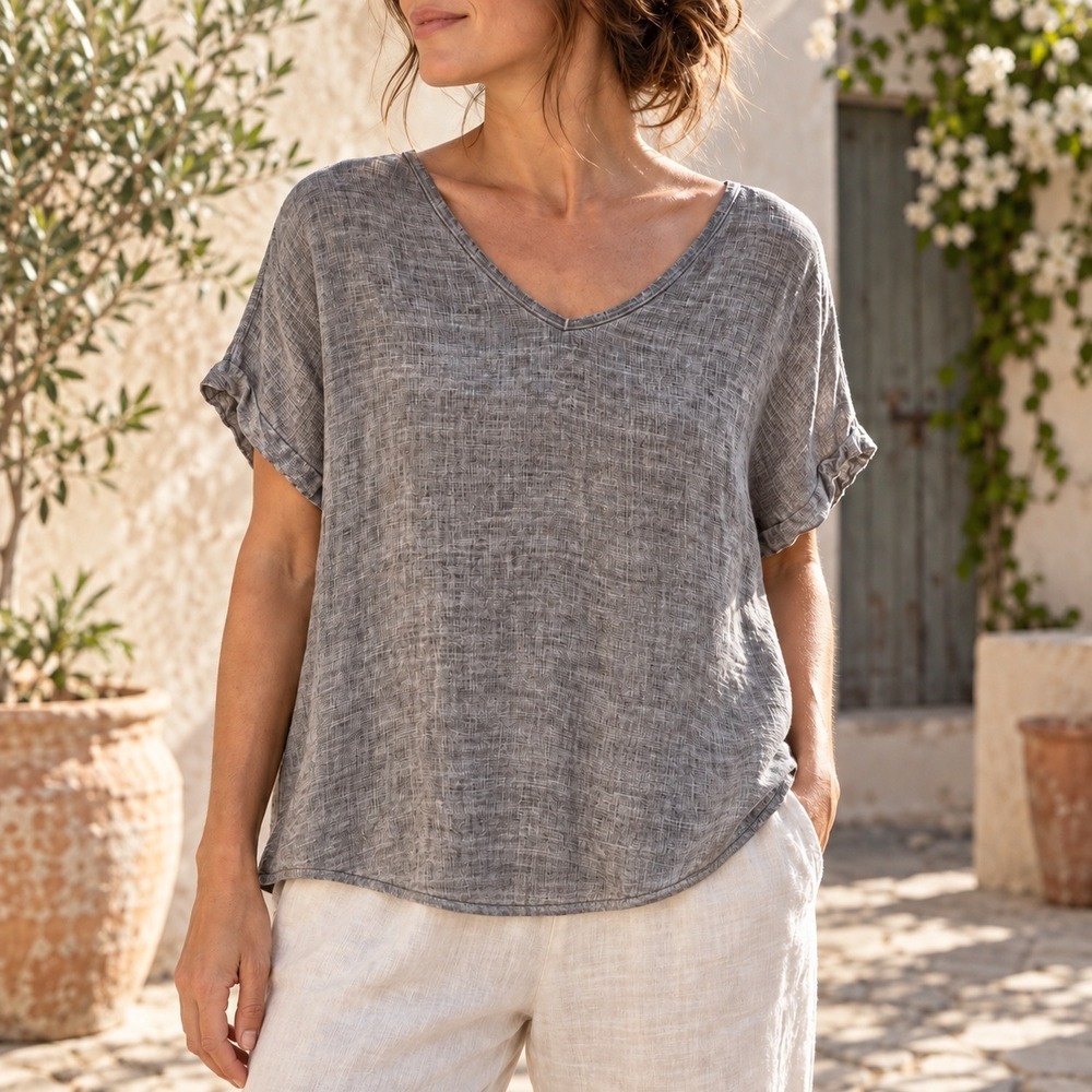 Liabella 100% Linen Gray V Neck Top Made in Italy Coastal Grandma Lagenlook med